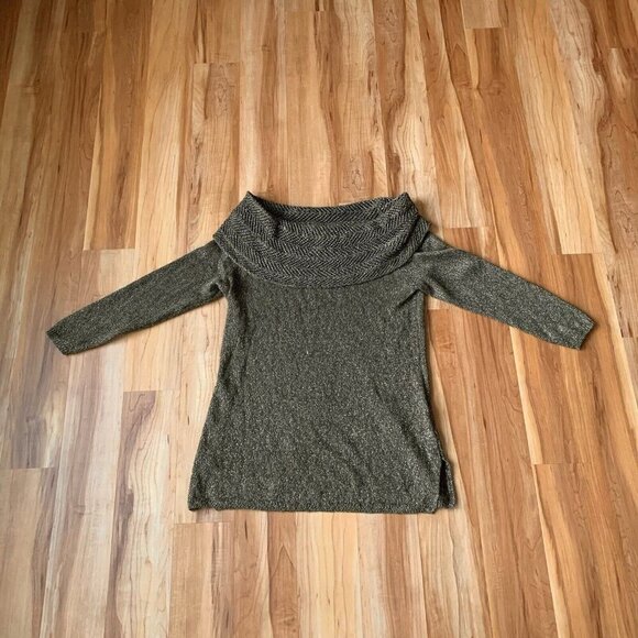 Chico's Cowl Neck 3/4 Sleeve Pullover Sweater Forest Green Gold Metallic 2/M - Picture 3 of 11